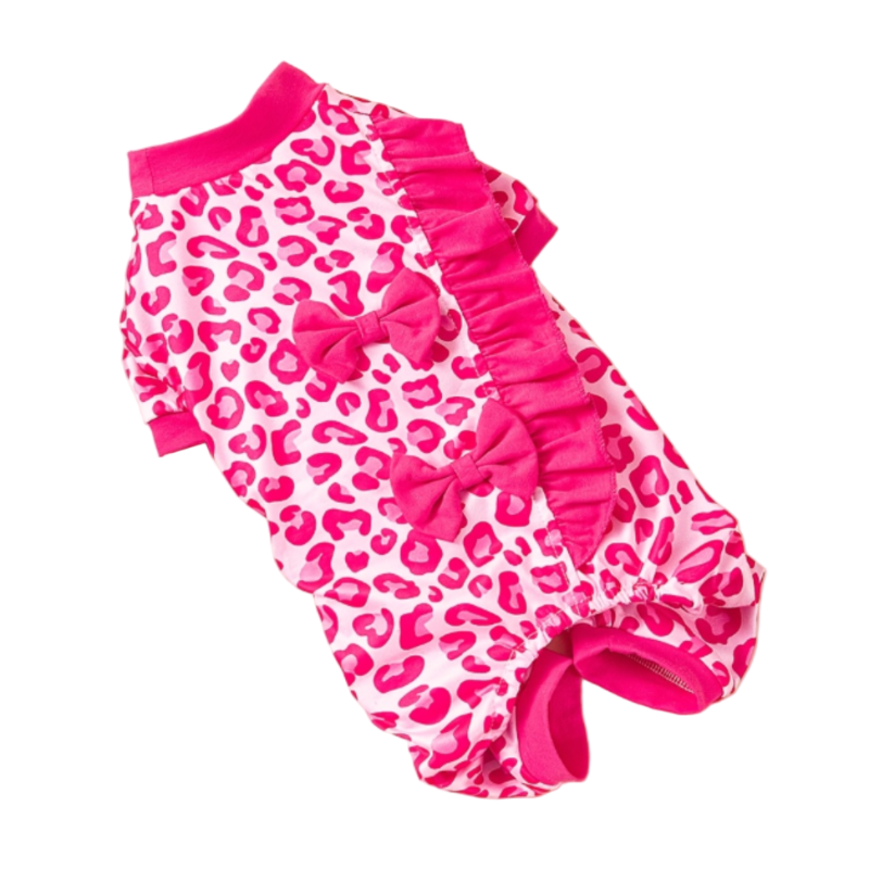 Pink leopard print dog romper with ruffles