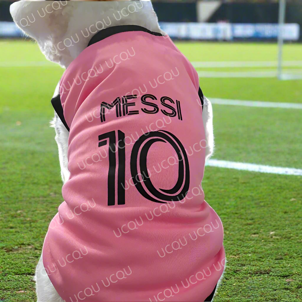 Pink dog shirt with 'Messi 10' print on a white background