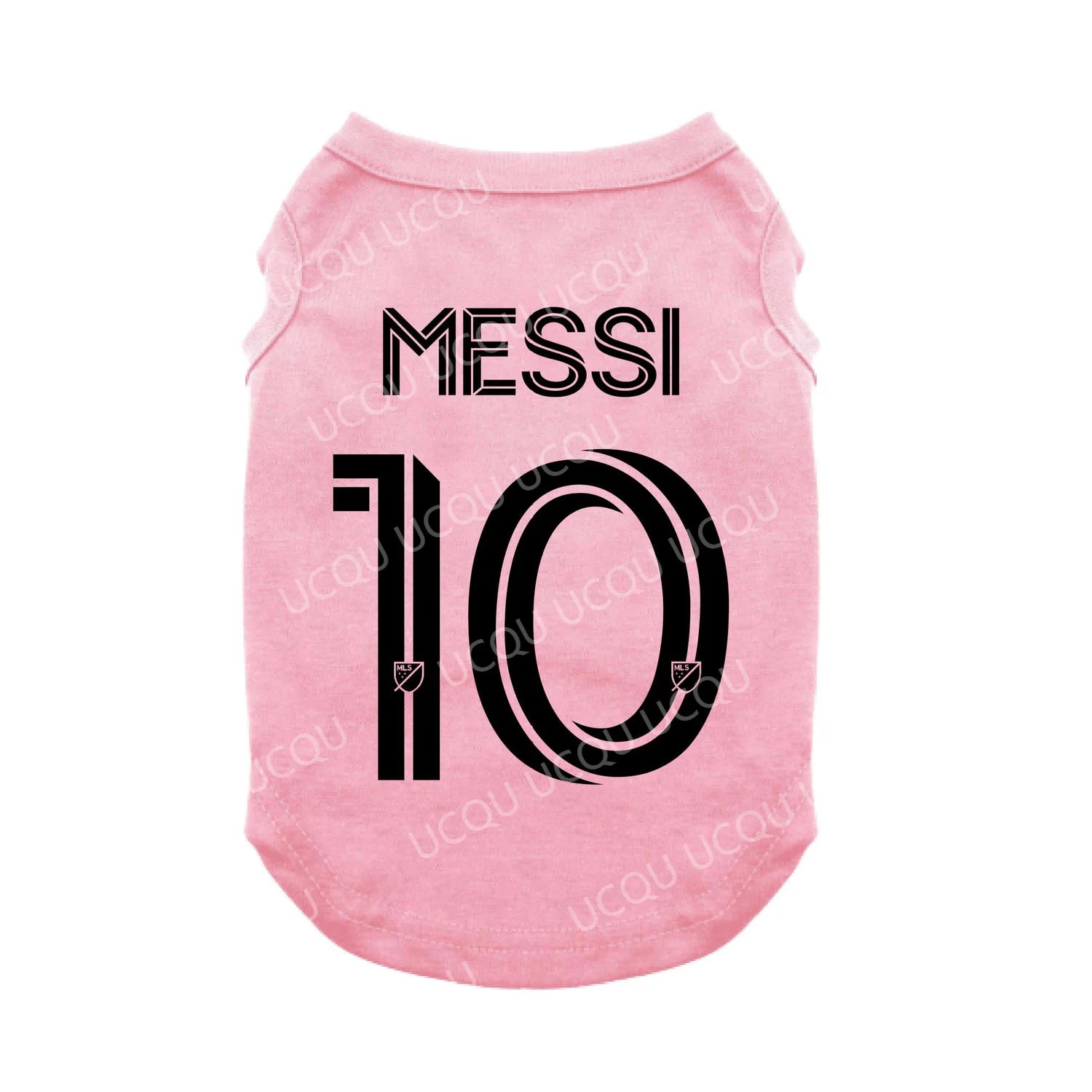 Pink dog shirt with 'Messi 10' print on a white background