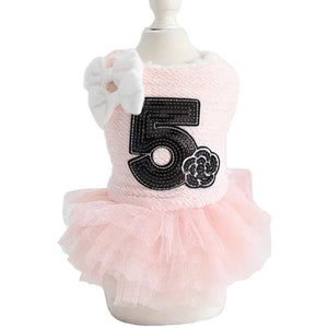 Pink pet dress with number 5 on a mannequin against a white background