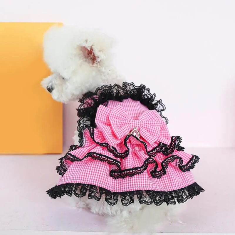 Pink Plaid Dog Party Dress with Black Lace | Poshdoglife.com