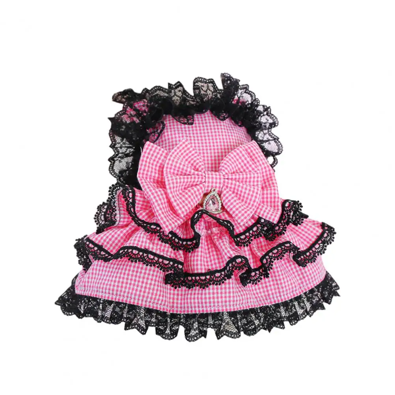 Pink Plaid Dog Party Dress with Black Lace 