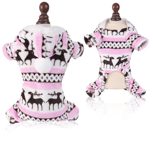 Pink dog sweater pjs ith deer pattern on a mannequin against a white background
