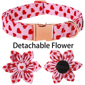 Pink Valentine Hearts  Dog Collar Detachabl Flower