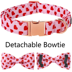 Pink Valentine Hearts  Dog Collar Detachable Bowtie