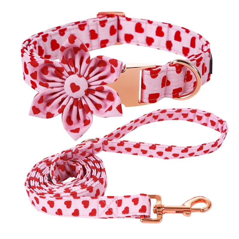 Pink Valentine Hearts Bow Tie Dog Collar & Leash Set