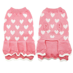 Pink heart dog sweater dress front and back