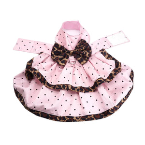 Pink Polka Dot Leopard Bow Dog Harness Dress & Leash Set