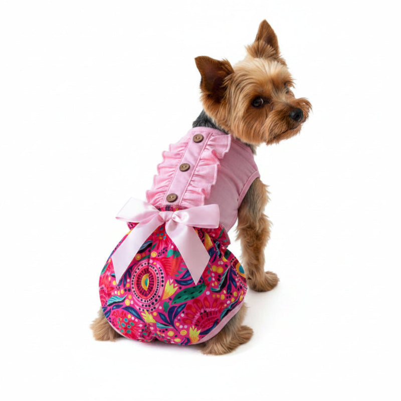 Yorkie wearing Pink ruffle tropical romper