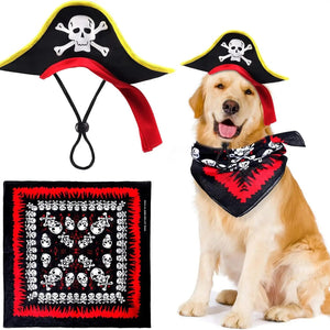 Pirate costume set for pets, featuring a black pirate hat with yellow trim, red trim, and a skull and crossbones print, shown both on a mannequin and modeled by a golden retriever dog. A matching black bandana with red trim and skull print is also shown.
