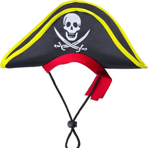 A black pirate hat with skull, swords, yellow and red trim.