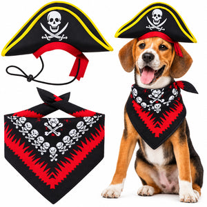 Pirate dog costume set with black skull and crossbones pirate hat and red and black skull bandana