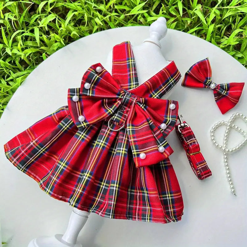 Red Christmas Plaid Dog Harness Dress with Matching Leash