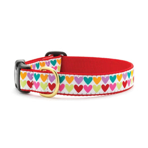 Up Country Pop Hearts Dog Collar features bright rainbow colored hearts on white background with red trim.