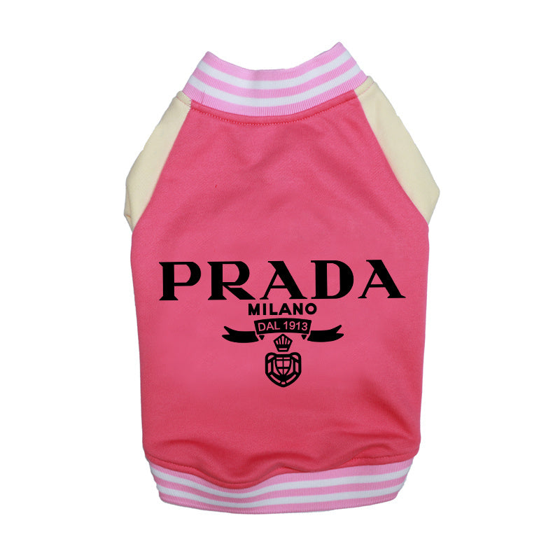 Pink Prada varsity dog jacket with white sleeves pink and white striped trim and black designer-inspired graphic