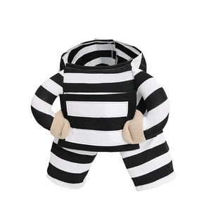Funny black and white striped prisoner Halloween costume with stuffed arms and personalized name and charge ID panels