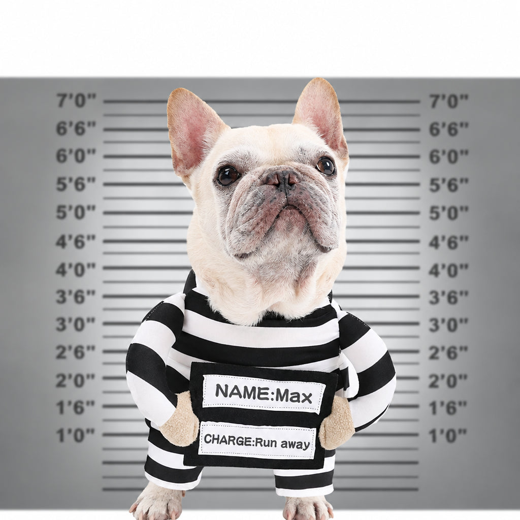 Dog wearing funny black and white striped prisoner Halloween costume with stuffed arms and personalized name and charge ID panels