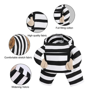 Black and white striped prisoer dog costume with close-up details on fabric quality and features.