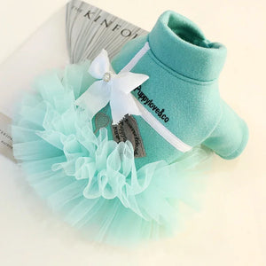 Puppylove & Co Sniffany Blue Dog Tutu Dress with White Bow