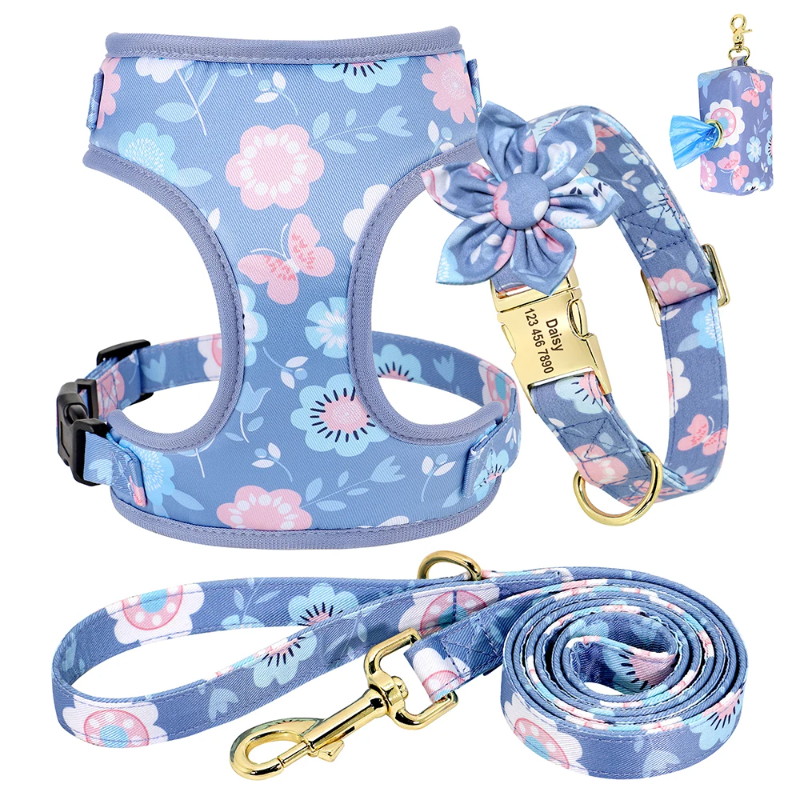 Pink Daisy Dog Collar Harness Leash & Poo Bag Set 