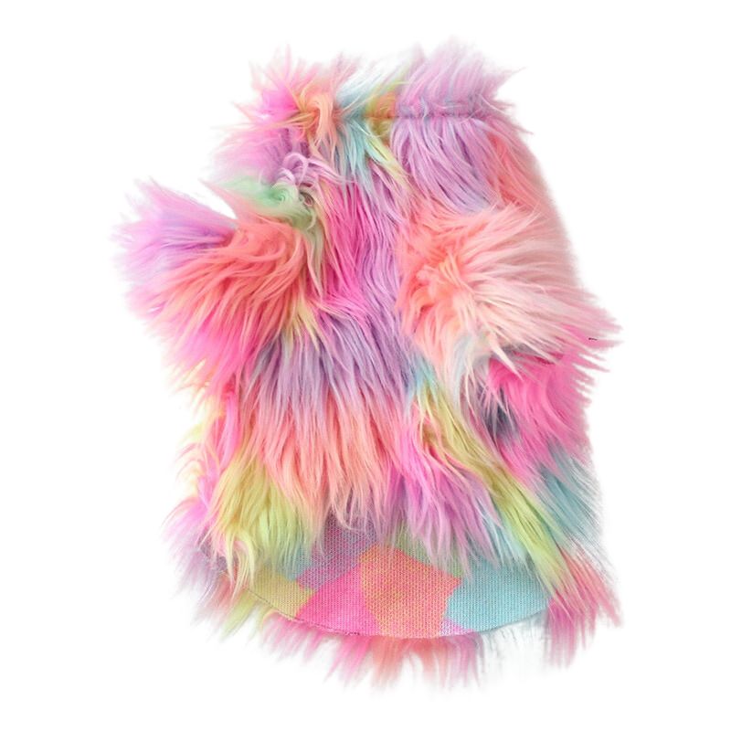 Rainbow Faux Fur Pullover Dog Sweater fits small and medium dogs.