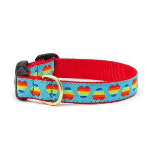 Up Country Rainbow Hearts Dog Collar features rainbow hearts on aqua blue collar with red trim.