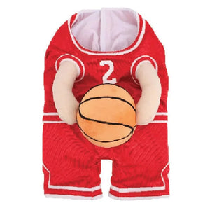 Red basketball-themed dog costume with a ball held in front on a white background
