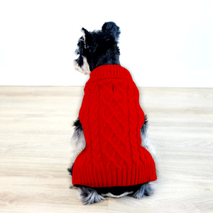 Terrier Red Chic Cable Knit Turtleneck Dog Sweater with harness slit