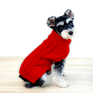 Terrier in Red Chic Cable Knit Turtleneck Dog Sweater