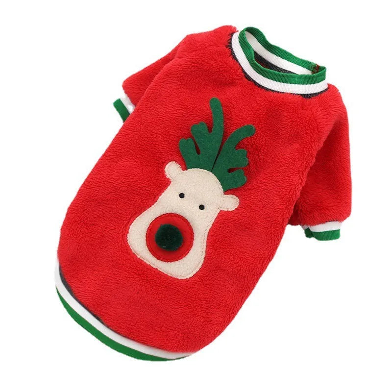 Christmas Reindeer Plush Dog Sweatshirt on Pomeranians in red and green