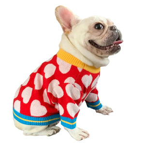 Frenchie wearing Red Heart Dog Sweater