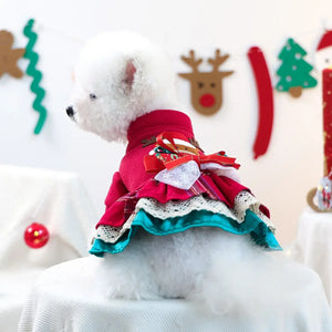 Small white dog wearing a festive red and green outfit with a Christmas-themed background.