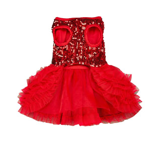Red sequin dress with ruffled tutu skirt