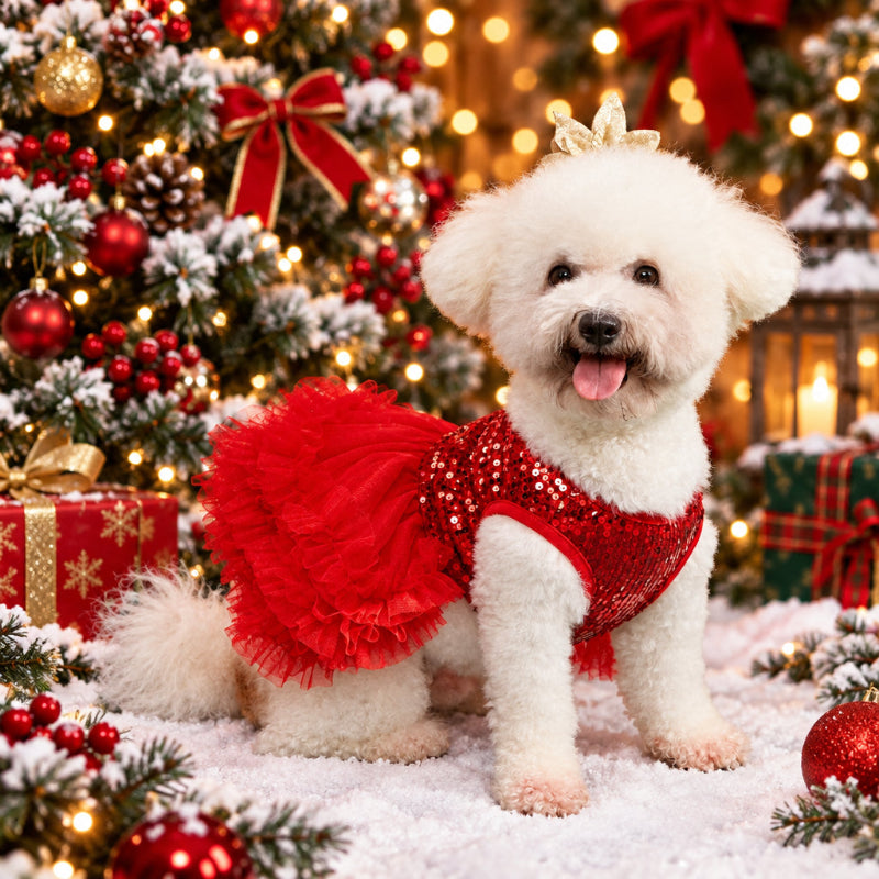 A red sequined and tulle tutu dress for small and medium dogs,featuring a sparkly sequin bodice and a layered ruffled tulle skirt.