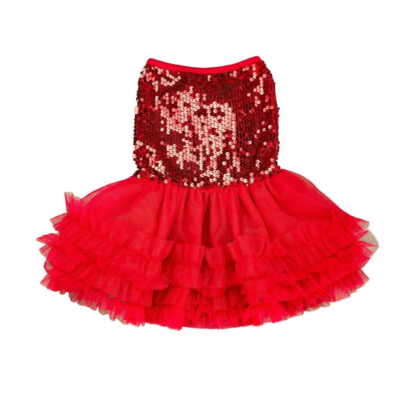 A red sequined and tulle tutu dress for small and medium dogs,featuring a sparkly sequin bodice and a layered ruffled tulle skirt.