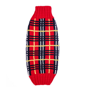 Red, yellow, black and white tartan dog sweater on a white background