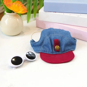 Pet dog cap with red brim and blue top, next to pet sunglasses on a light surface.