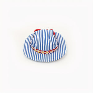 Blue and white striped hat with a floral band on a white background