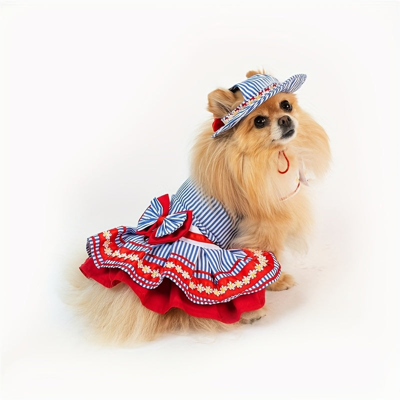 Red, White & Blue Striped Dog Dress with Matching Hat