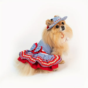 Red, White & Blue Striped Dog Dress with Matching Hat
