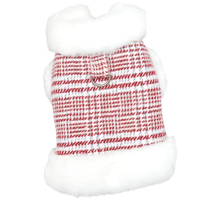 Red Winter Fleece-Lined Check Dog Harness Dress Coat has D-ring