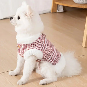 Red Winter Fleece-Lined Check Dog Harness Dress Coat