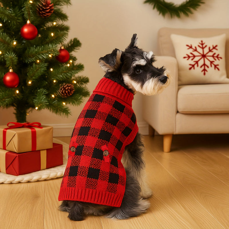 Boxer earing a red and black checkered sweater in a festive living room with Christmas decorations.