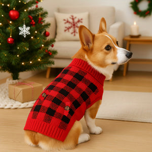 Corgi wearing a red and black checkered sweater in a festive living room with a Christmas tree.