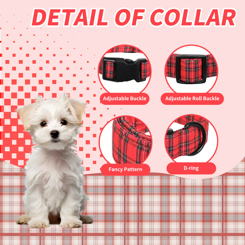 Adjustable Red & Black Tartan Plaid Dog Collar