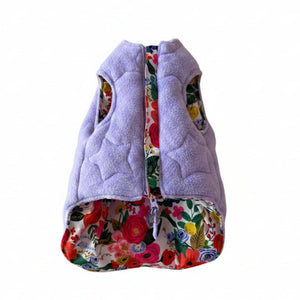 Lilac side of reversible floral coat is made of warm fleece
