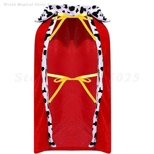 Red cape with Dalmation print trim with gold colored tie strings.