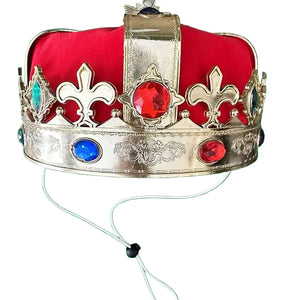 Decorative crown with red and blue gemstones on a white background