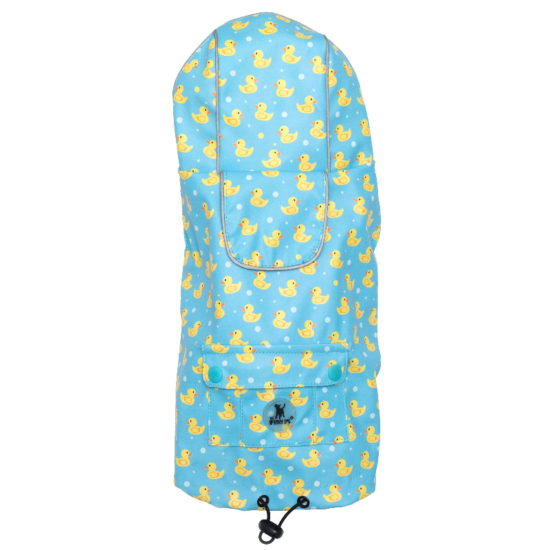 Blue raincoat with yellow duck pattern on a white background