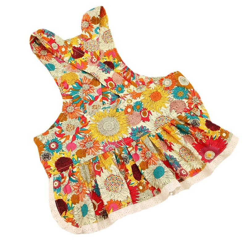 Colorful Daisies French Bulldog/Pug Dog Dress has white trim and side snap buttons